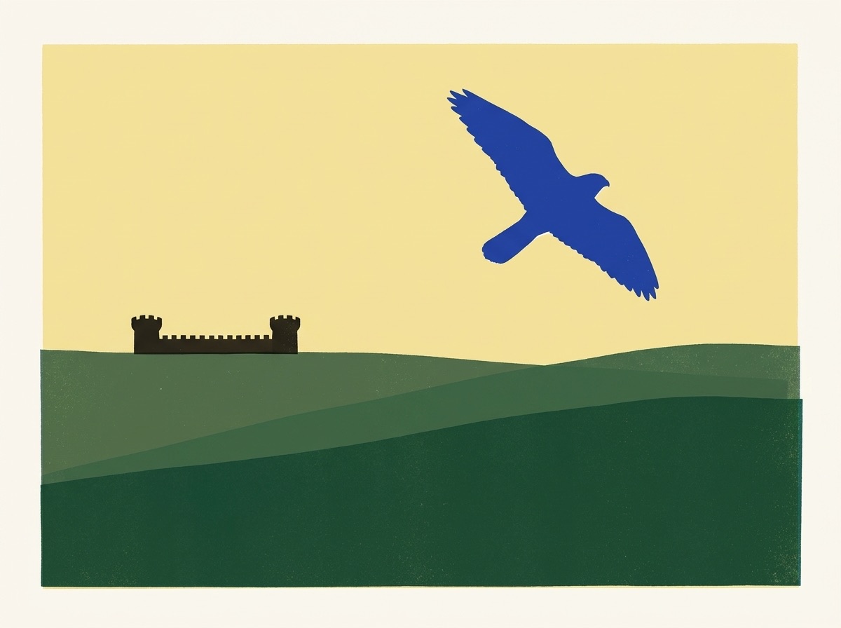 Illustration : un faucon en vol au-dessus d'un château, sur un ciel jaune de crépuscule