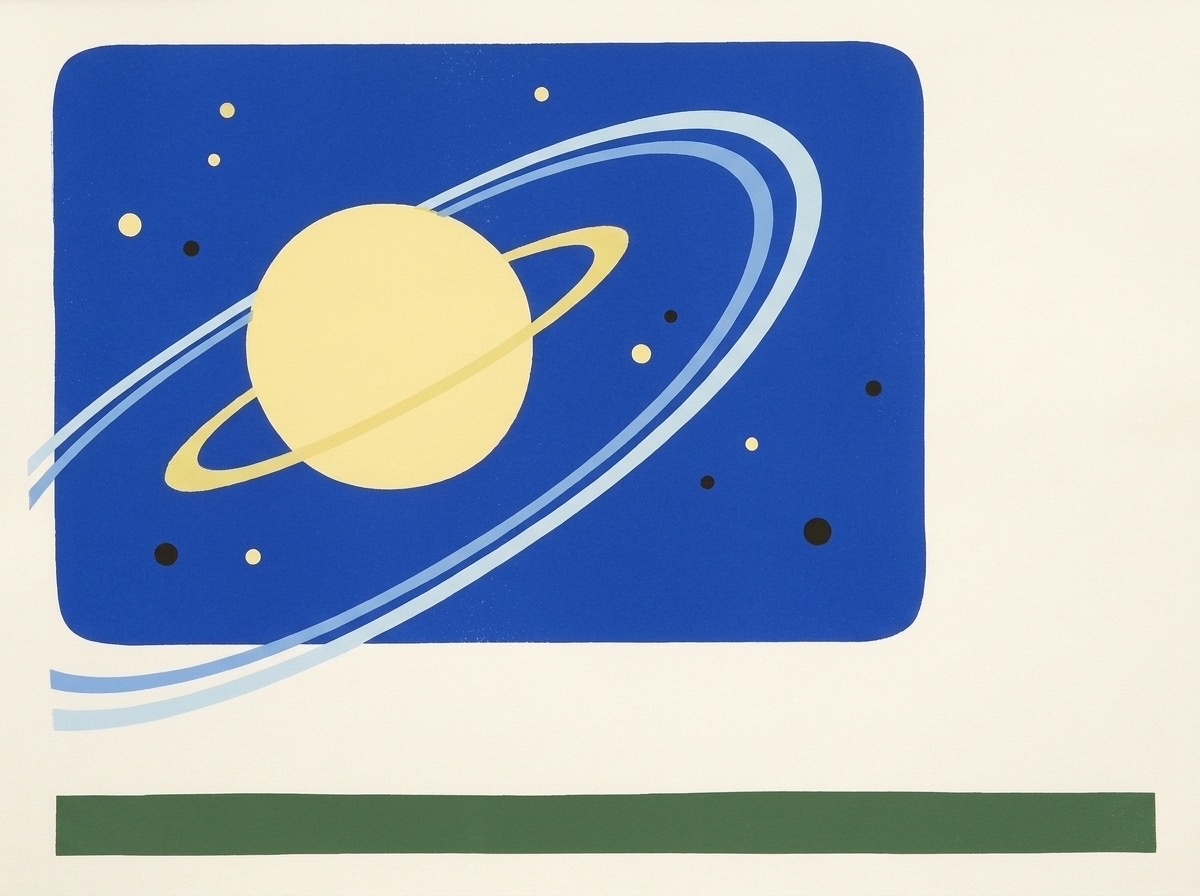 Illustration : une planète à anneau et ses orbites sur un fond bleu cobalt