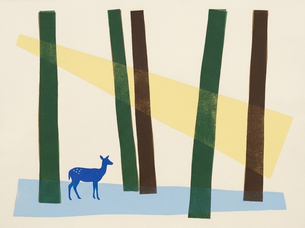 Illustration : un daim au bord d'un étang, entre les troncs d'une forêt traversée de lumière